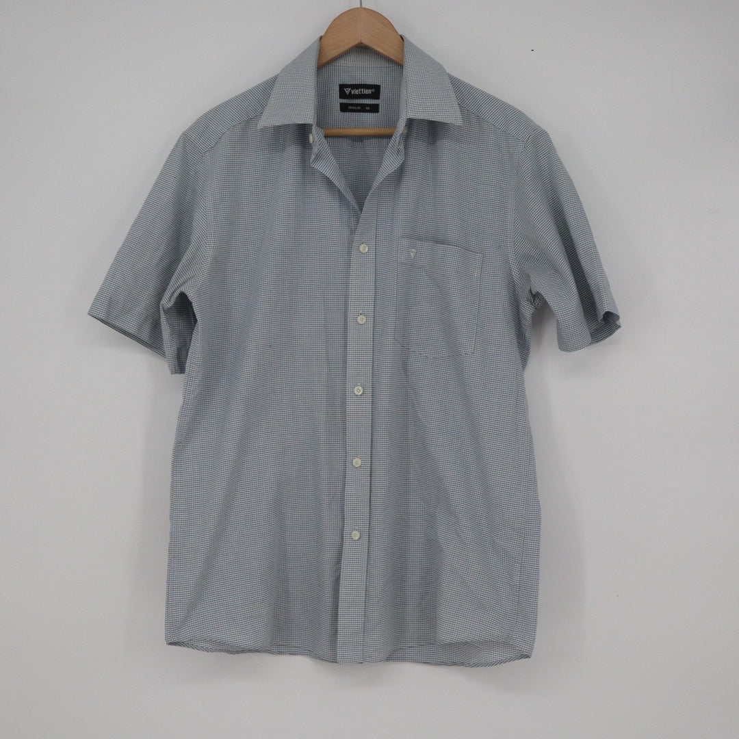 Viettien Mens Blue Gingham Check Short Sleeve Button Down Shirt Regular 40