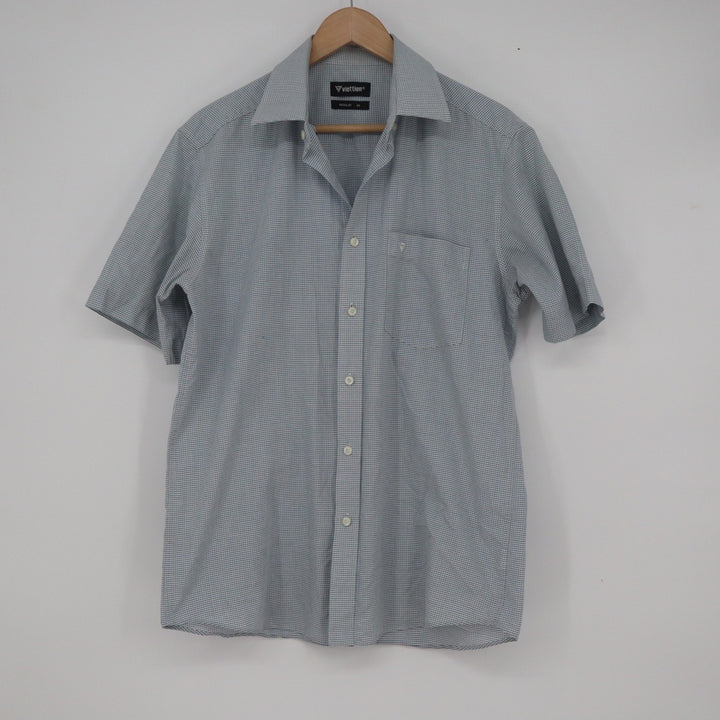 Viettien Mens Blue Gingham Check Short Sleeve Button Down Shirt Regular 40