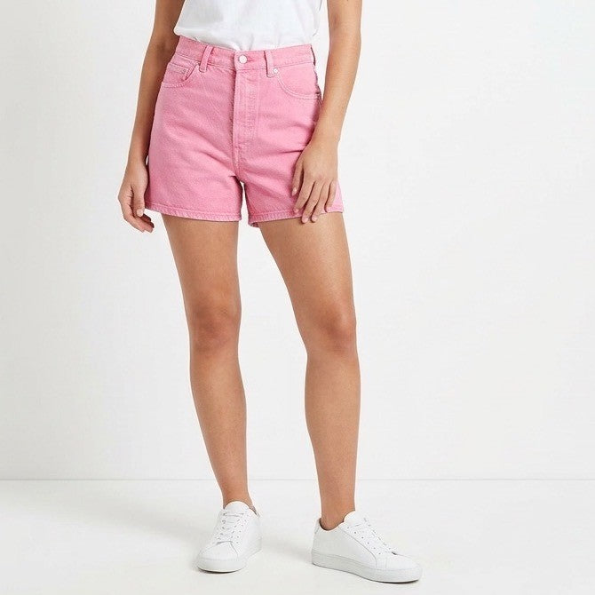 Zara Boyfriend Shorts Womens 6 Pink Denim Cotton High Waisted Button Fly Casual