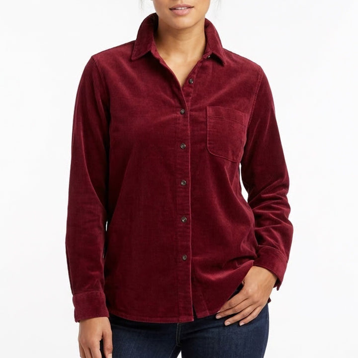 L.L. Bean Velvet Shirt Womens Medium Maroon Cotton Side Slits Button Up Top