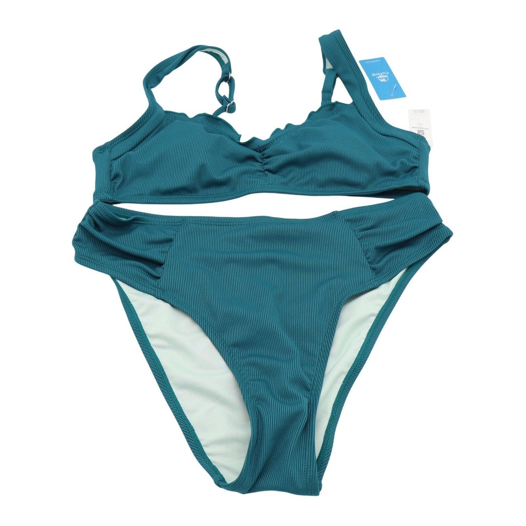 Cupshe Teal Ribbed Scalloped High Waisted Bikini Set Medium NEW