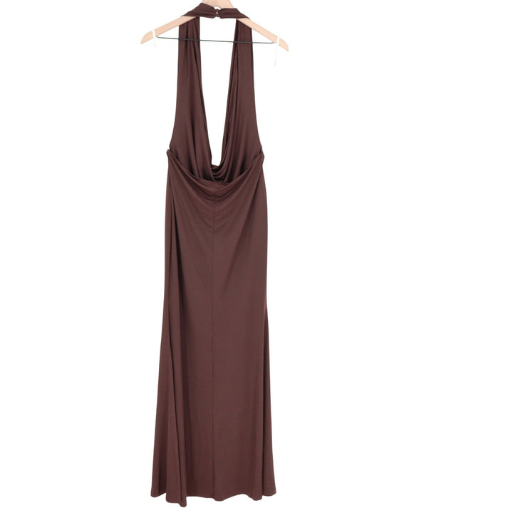 Lulus Chocolate Brown Cowl Neck Halter Maxi Dress Womens XL Low Back Jersey Knit