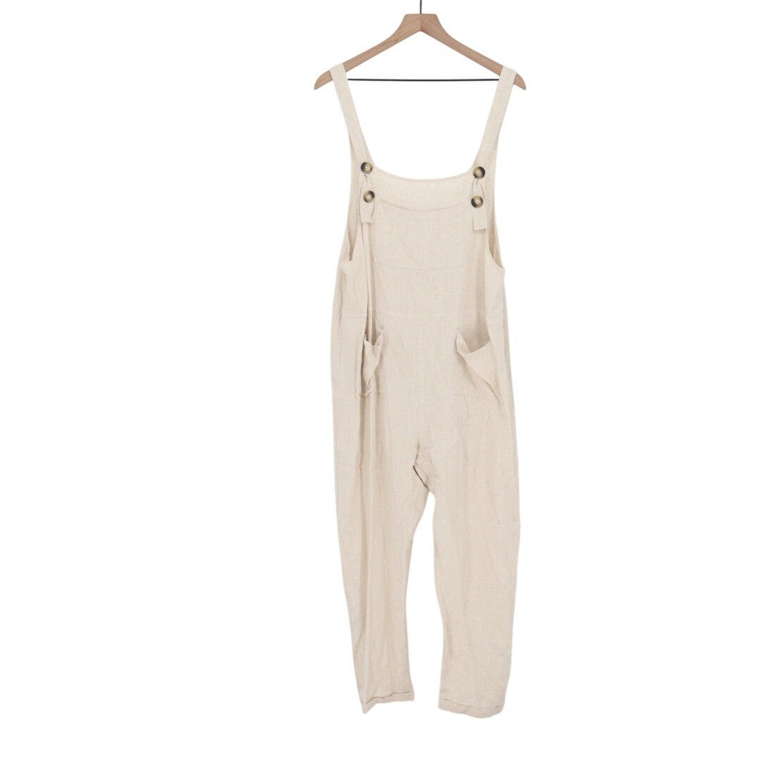 Umgee USA Linen Blend Overalls Jumpsuit Beige Tan Cropped Pants Size L