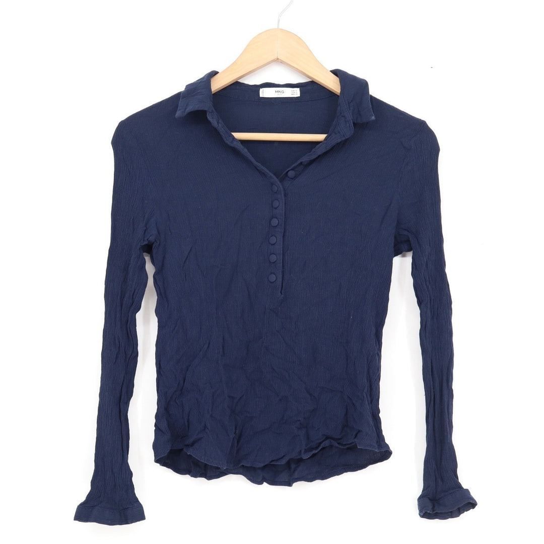 Mango Suit Navy Blue Crinkle Viscose Long Sleeve Henley Collared Top Size 4 S