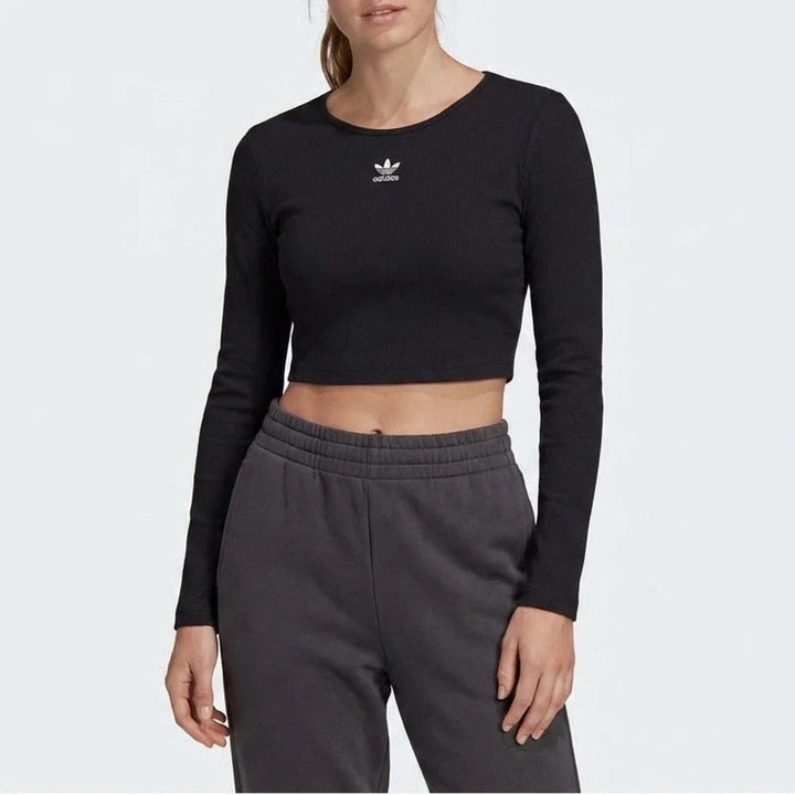 Adidas Originals Womens ESS CROP LS Ribbed Long Sleeve Crop Top Black M