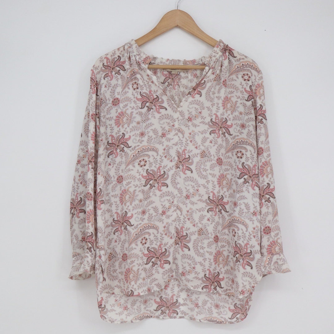 LOFT Womens Pink Paisley Floral V-Neck Ruffle Cuff Blouse Top Medium