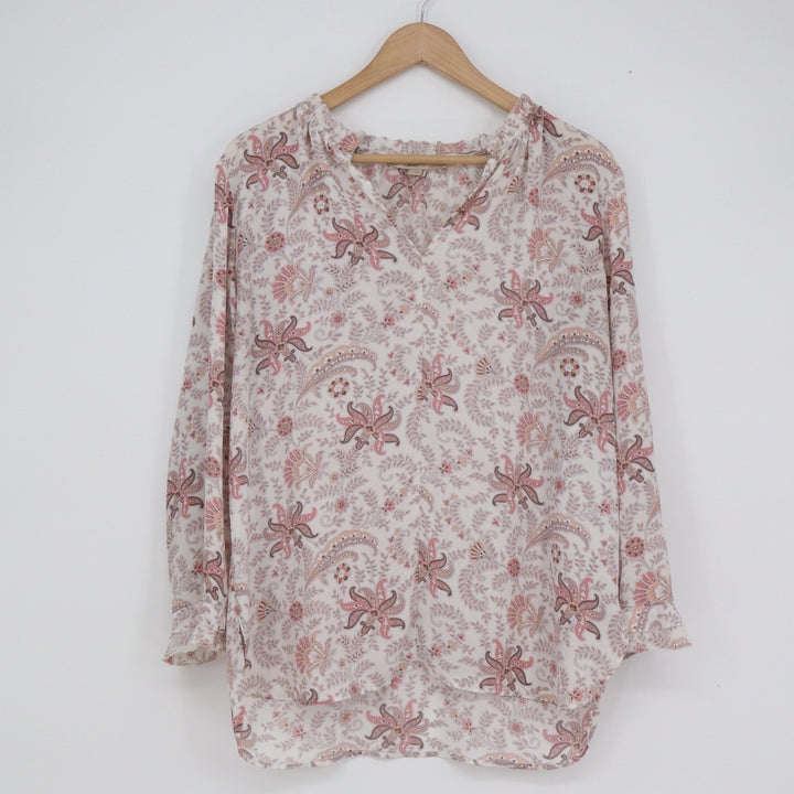 LOFT Womens Pink Paisley Floral V-Neck Ruffle Cuff Blouse Top Medium