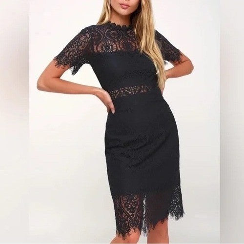 Lulus Remarkable Midi Dress Womens Small Navy Lace Detail Cotton Short Sleeve
