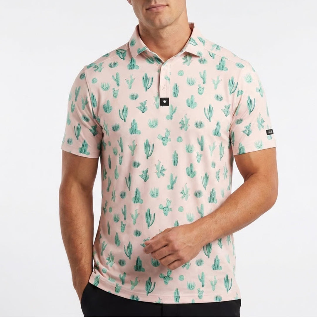 Bad Birdie Mens Thorn in Your Side Cactus Print Golf Polo Peach S