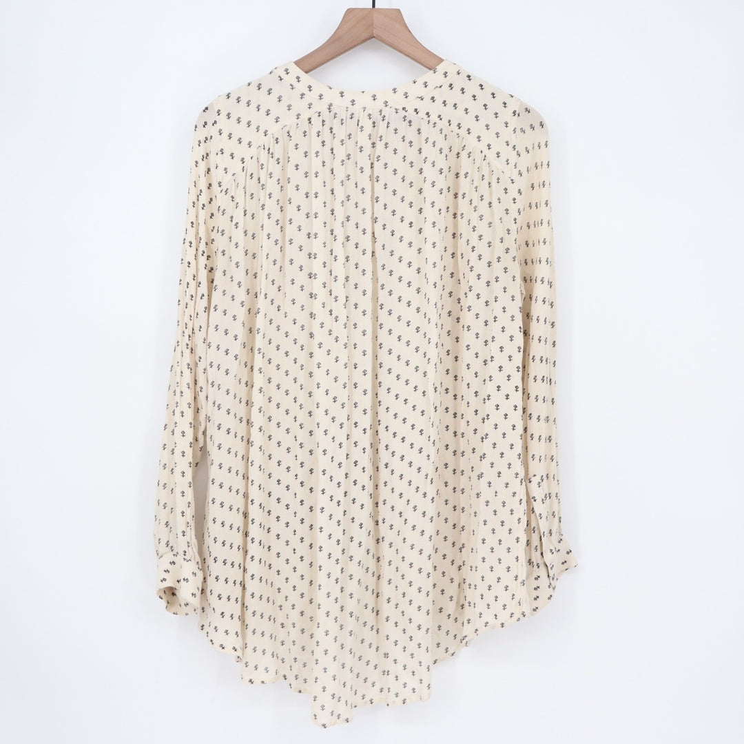 Free People Tunic Top Womens M Beige Printed Pleated High Low Hem Long Sleeve