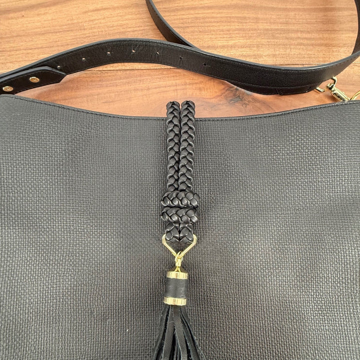 Stella Dot Hayes Tassel Hobo Black Textured Crossbody Shoulder Bag