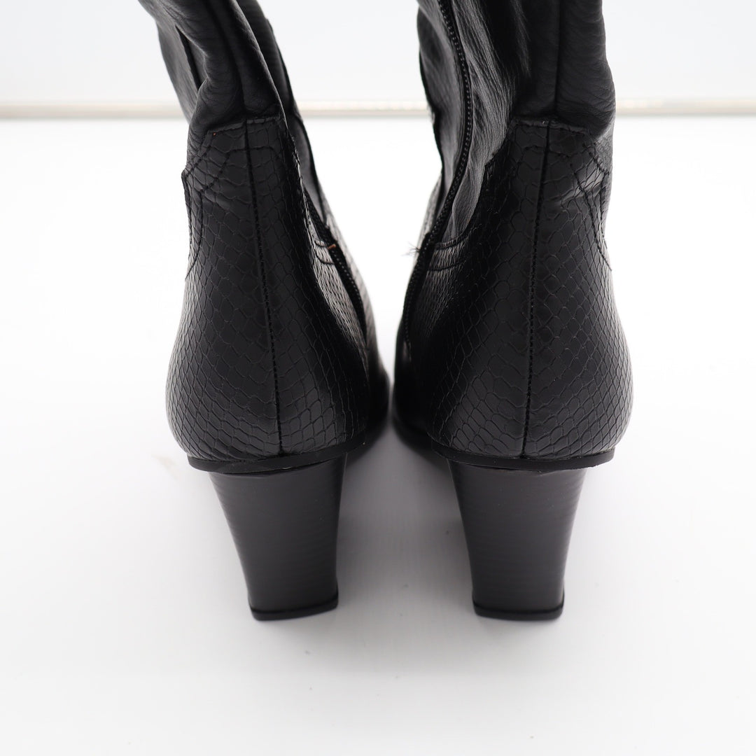 Black Vegan Leather Snakeskin Embossed Western Knee High Pointed Toe Boots 6