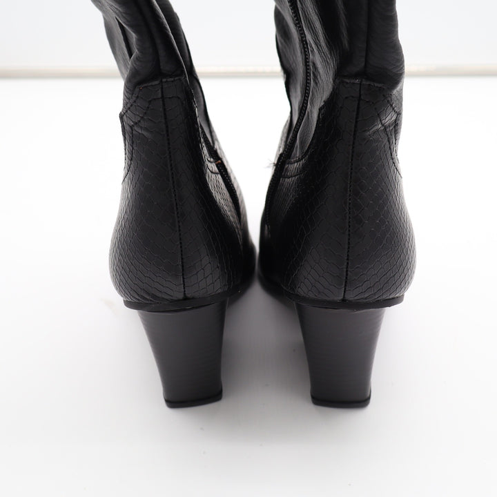 Black Vegan Leather Snakeskin Embossed Western Knee High Pointed Toe Boots 6