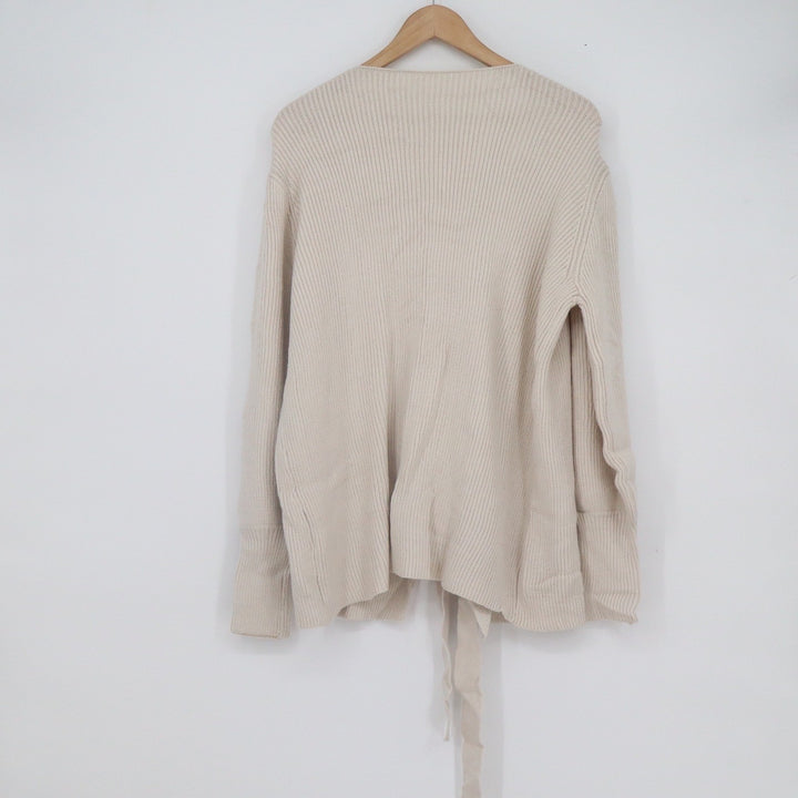 Beige Ribbed Wrap Cardigan Sweater XL Puff Sleeve Tie Front Cream Knit