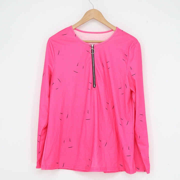 Hot Pink Abstract Dash Half Zip O-Ring Long Sleeve Top XL
