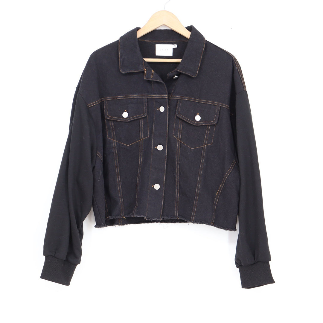 Lush Black Mixed Media Denim Trucker Jacket Raw Hem Contrast Stitch L