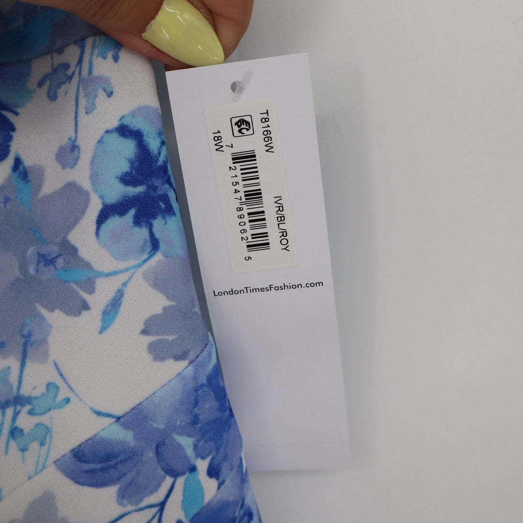 London Times Woman Blue Floral Bow Neck Midi Dress Size 18W NEW