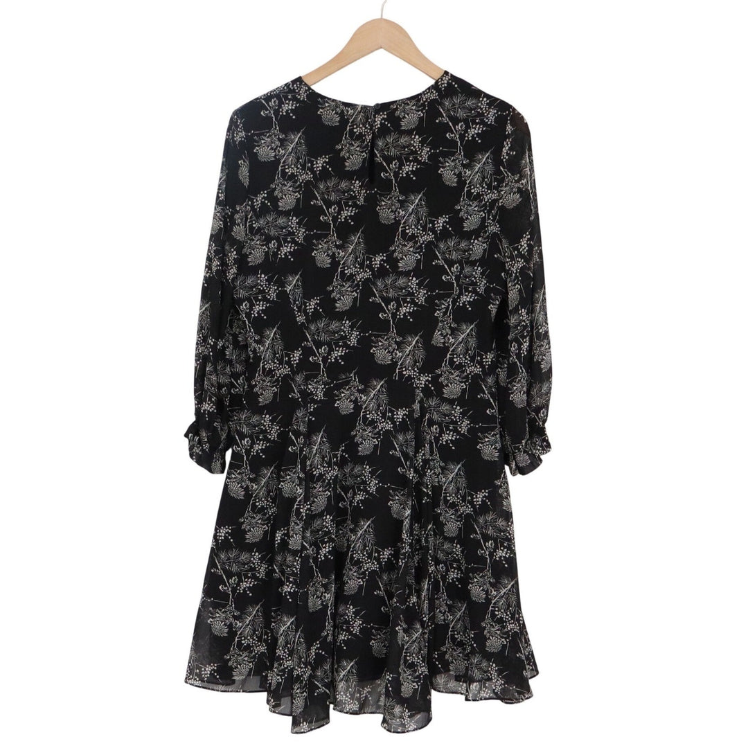 HM Black Botanical Print Chiffon Long Sleeve Mini Dress Size 14