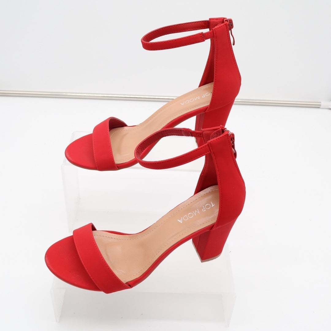 Top Moda Hannah-1 Fashion Womens 7.5 Red Ankle Strap Block High Heel Sandals