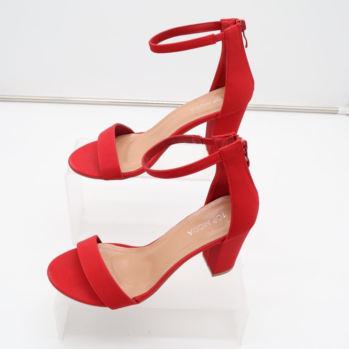 Top Moda Hannah-1 Fashion Womens 7.5 Red Ankle Strap Block High Heel Sandals