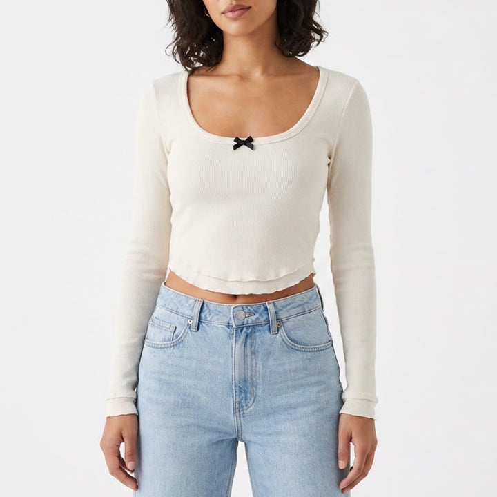 Urban Nation Cream Ribbed Scoop Neck Long Sleeve Bow Top Small