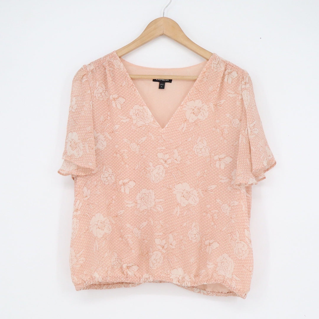 Express Womens Peach Floral Flutter Sleeve V-Neck Blouson Blouse Top Size M