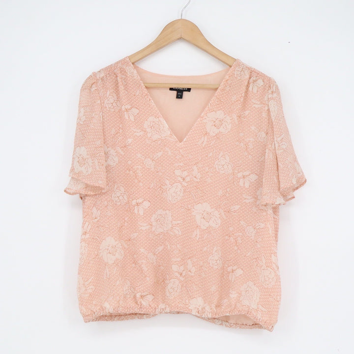 Express Womens Peach Floral Flutter Sleeve V-Neck Blouson Blouse Top Size M