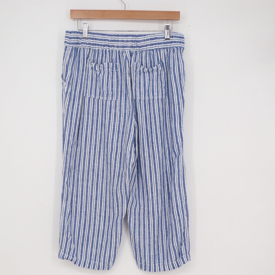 Per Se Blue White Striped Linen Blend Cropped Wide Leg Pants Womens Medium