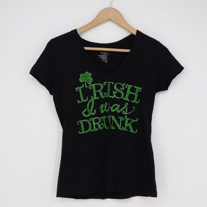 Old Navy Womens Black St Patricks Day Irish I Was Drunk Graphic V-Neck Tee S