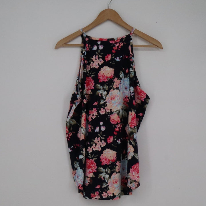 LouKeith Womens XL Floral High Neck Halter Tank Top Sleeveless Cotton Spandex