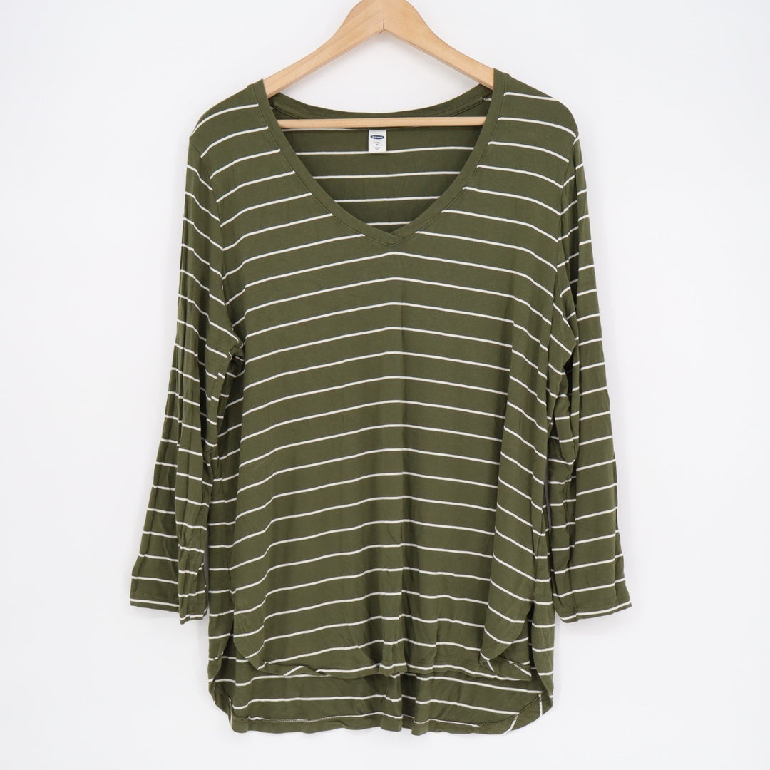 Old Navy Luxe T-Shirt Womens XL Green Striped Stretch High Low Hem Long Sleeve