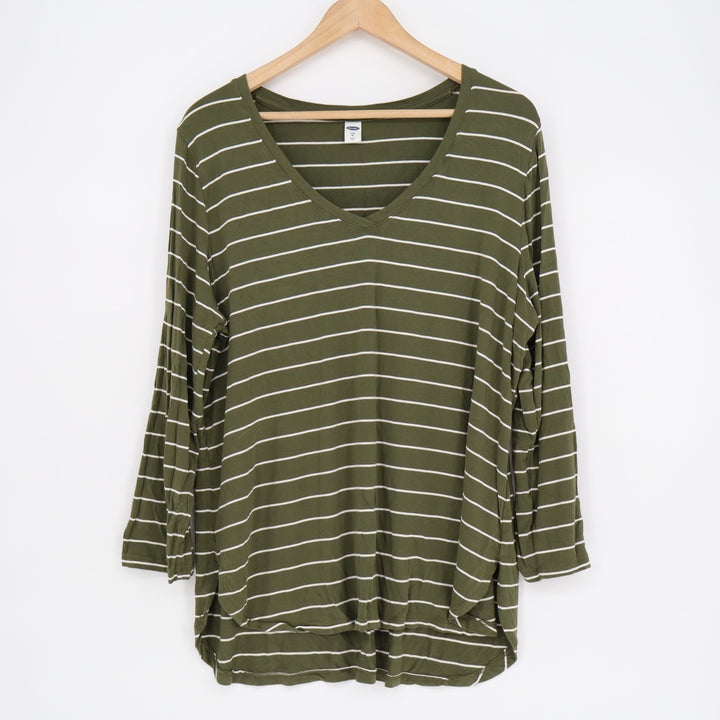 Old Navy Luxe T-Shirt Womens XL Green Striped Stretch High Low Hem Long Sleeve