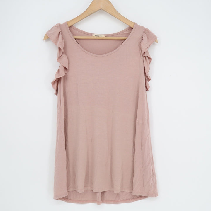 Promesa Tank Top Womens Medium Blush Stretch Ruffle Detail Sleeveless Round Neck