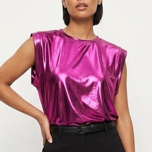 Gilli T-Shirt Womens Large Purple Shiny Stretch Sleeveless Crew Neck Pullover