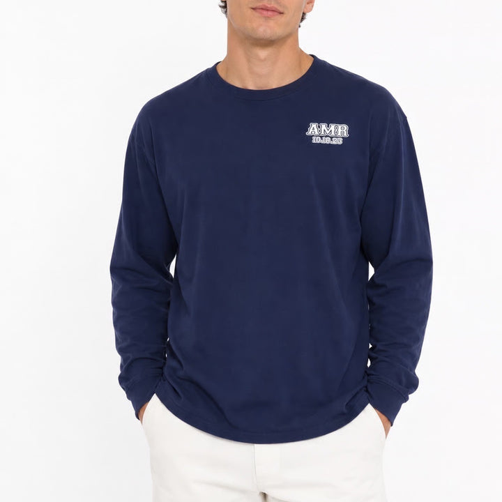 Gildan Heavy Cotton Navy Blue Long Sleeve Graphic T-Shirt Aiden Ship Mens Medium