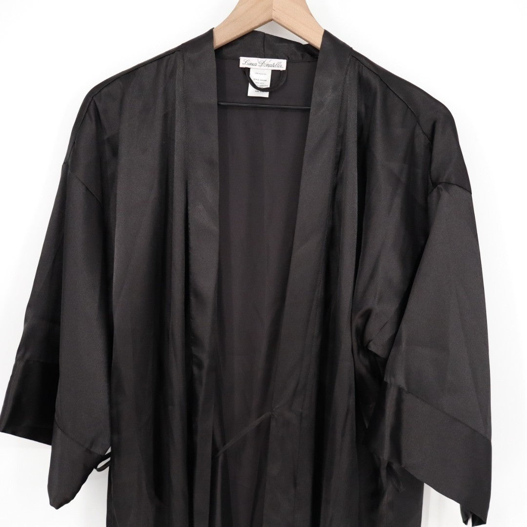 Linea Donatella Short Satin Robe Women L/XL Black 3/4 Sleeve Tie Waist Sleepwear