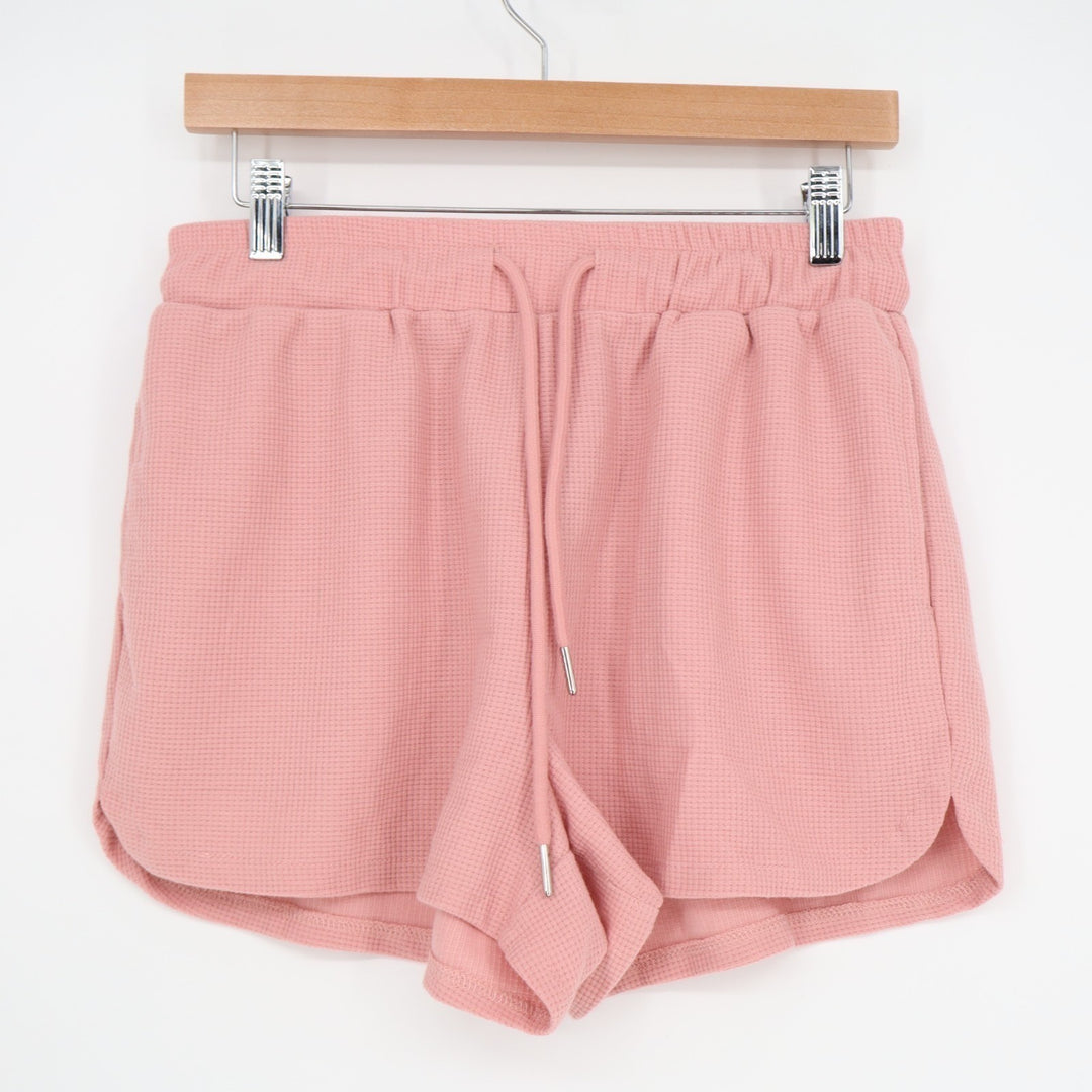 Shorts Womens Medium Rose Pink Waffle Knit Ribbed Slash Pockets Drawstring Waist
