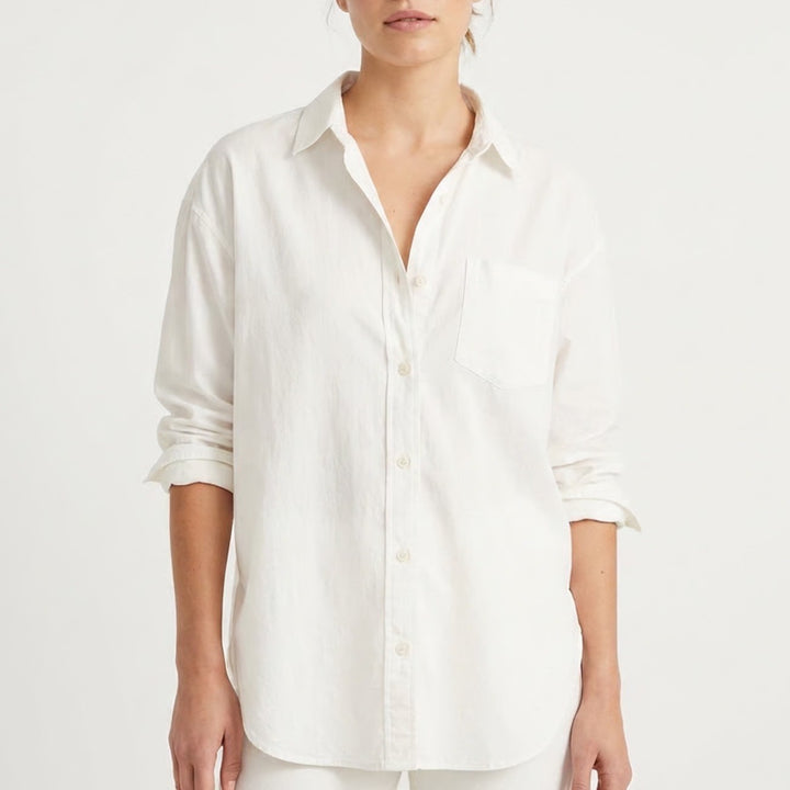 Athleta Shirt Womens Small White Long Sleeve Curved Hem Spread Collar Button Up
