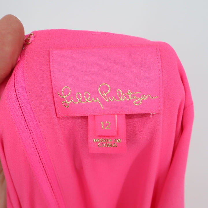 Lilly Pulitzer Neon Pink Faux Wrap Ruffle Mini Dress Size 12 Spaghetti Strap
