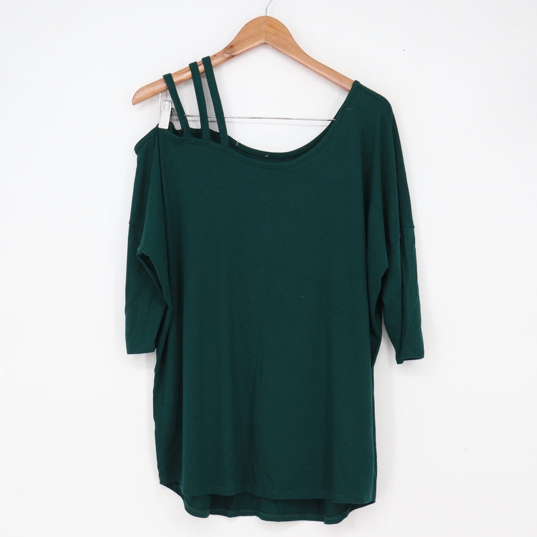 Top Womens L Cold Shoulder Dark Green Triple Strap 3/4 Sleeve Good