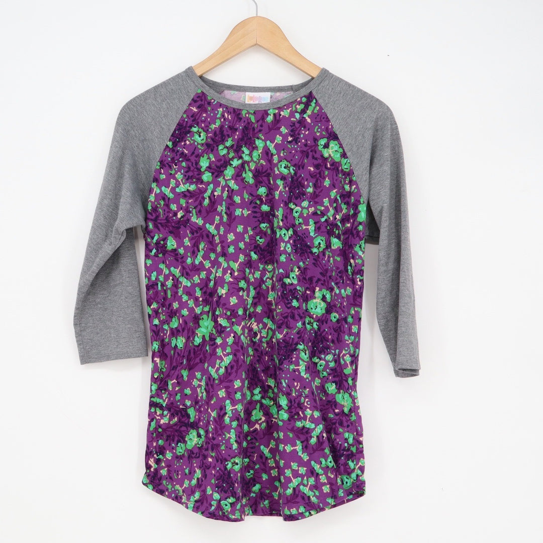 LuLaRoe Randy Baseball Tee Purple Green Floral Heather Grey 3/4 Sleeve Small
