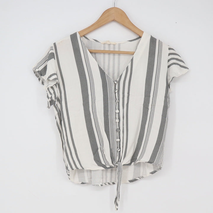 Sim & Sam Top Womens Medium Striped Grey White Tie Front Button Down Excellent