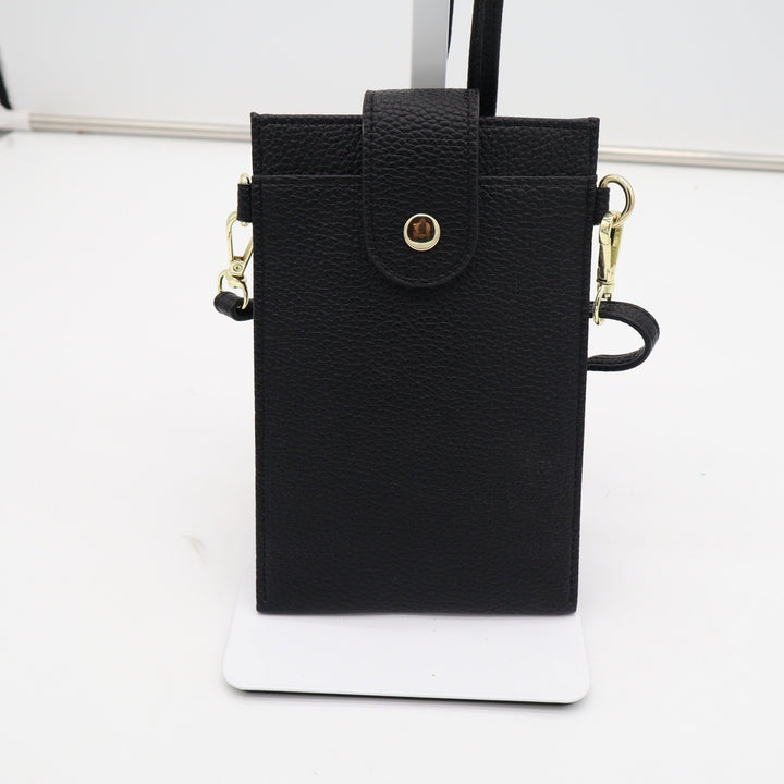 Black Pebbled Vegan Leather Crossbody Phone Bag Wallet with ID Window Gold Zip