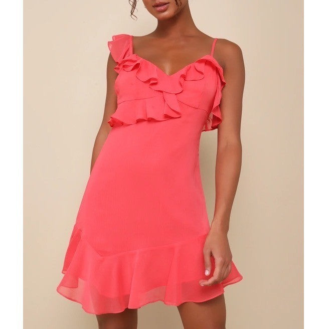Lulus Captivating Always Asymmetrical Mini Dress Women Medium Coral Pink Ruffled
