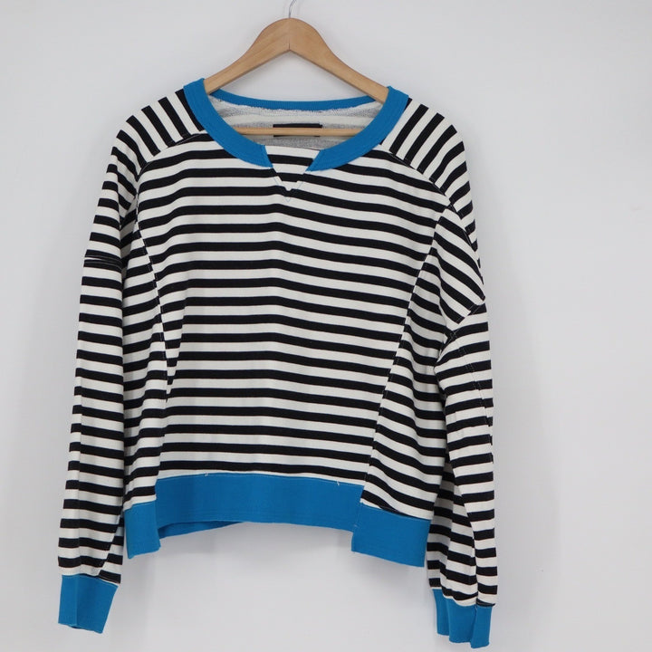 Merokeety Striped Sweatshirt XL Blue Trim Notched V-Neck Pullover Black White