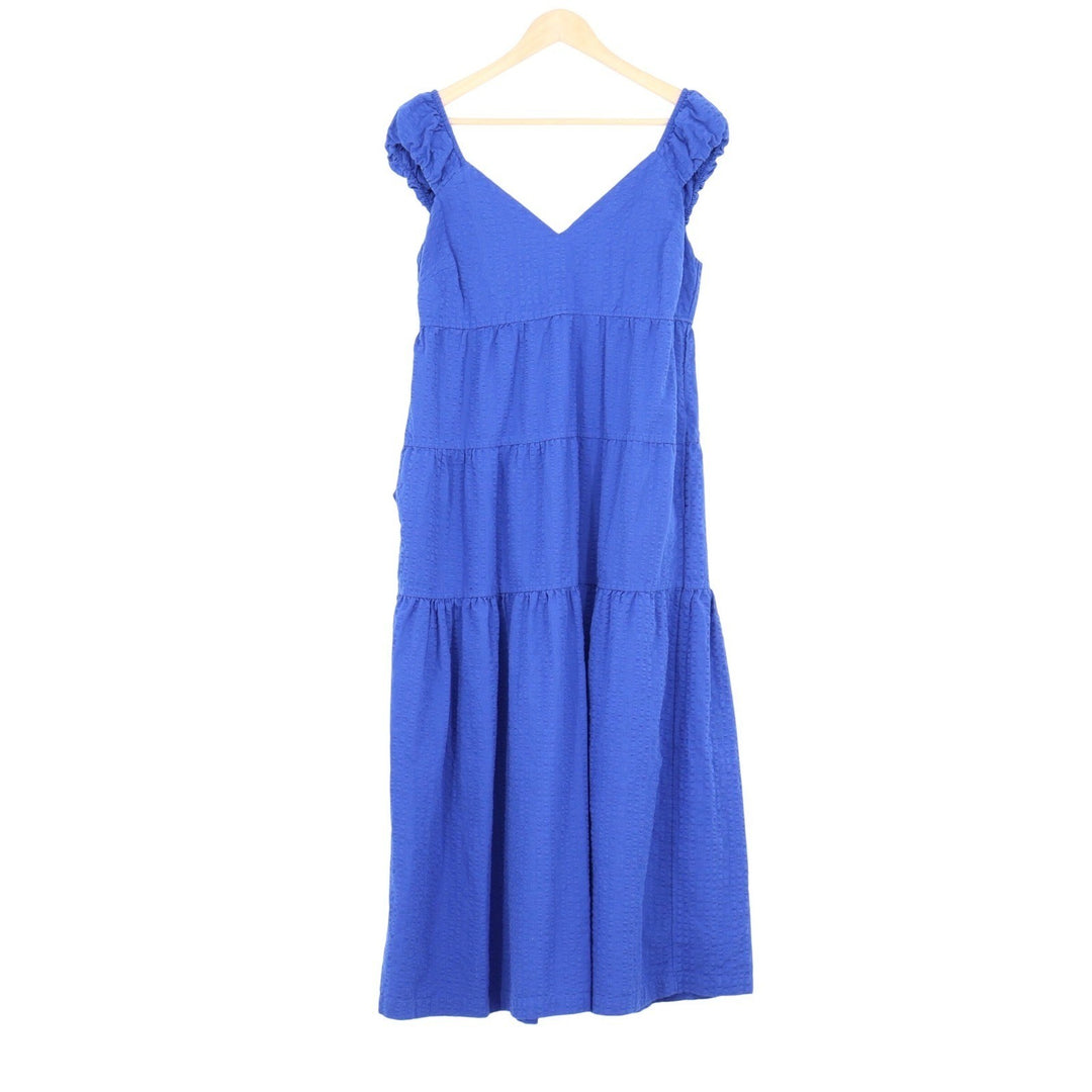 Old Navy Womens Royal Blue Seersucker Tiered Midi Dress Smocked Tie Back Medium