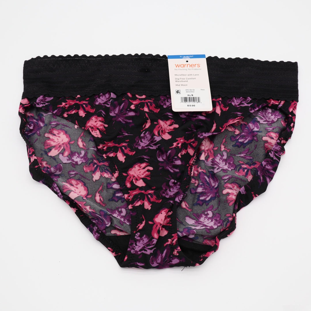 Warner's No Pinching. No Problems. Hi-Cut Brief Womens XL Black Floral Stretch