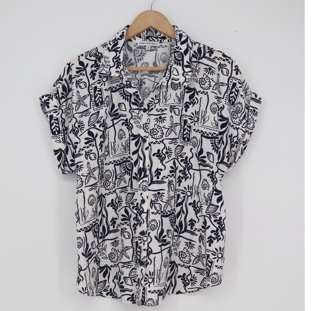 Sara Michelle Navy White Abstract Tropical Print Button Up Blouse Womens Medium