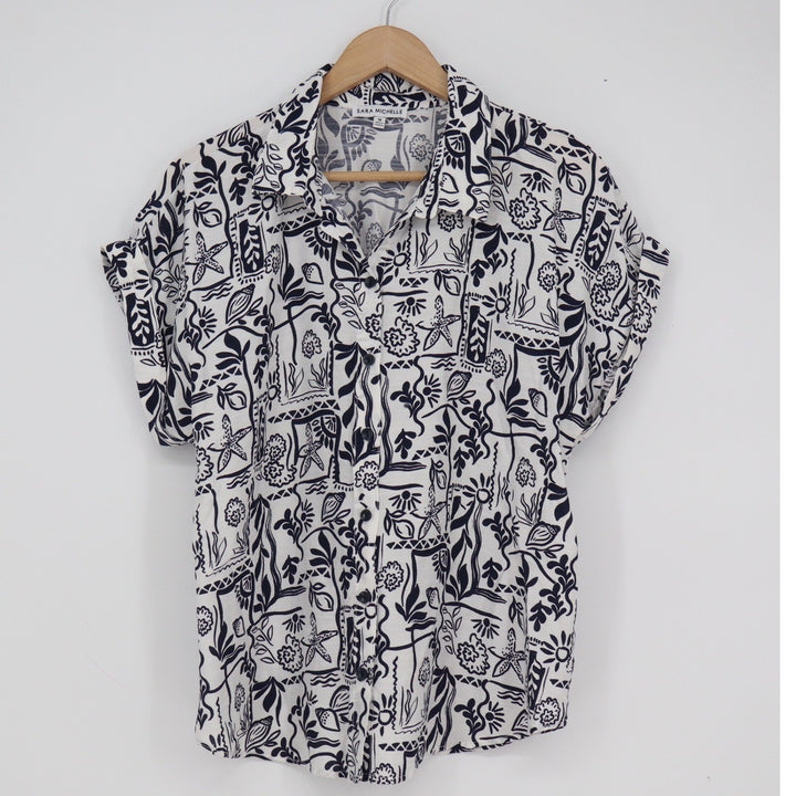 Sara Michelle Navy White Abstract Tropical Print Button Up Blouse Womens Medium