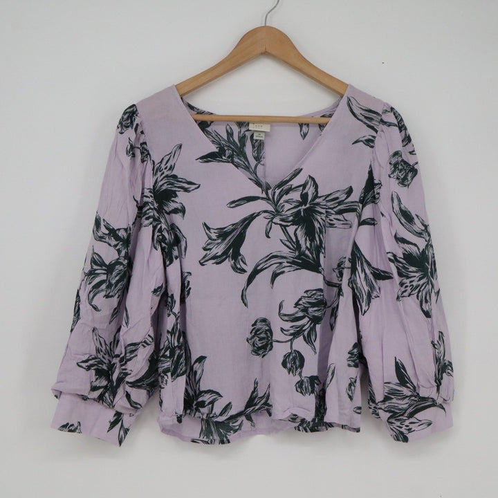 A New Day Lavender Black Floral Puff Sleeve V-Neck Blouse Top Size M